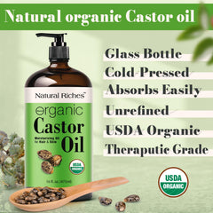 Natural Riches castor oil cold-pressed texture highlights natural extraction.