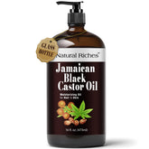 Natural Riches Jamaican Black Castor Oil glass bottle highlights purity for hair use.