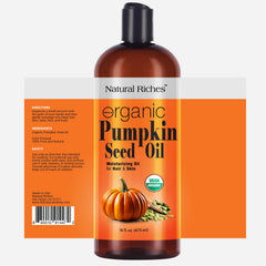 Natural Riches pumpkin seed oil label close-up highlighting USDA Organic purity.