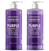 Natural Riches purple shampoo bottle reduces brassiness in blonde hair.