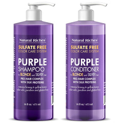 Natural Riches purple shampoo bottle reduces brassiness in blonde hair.