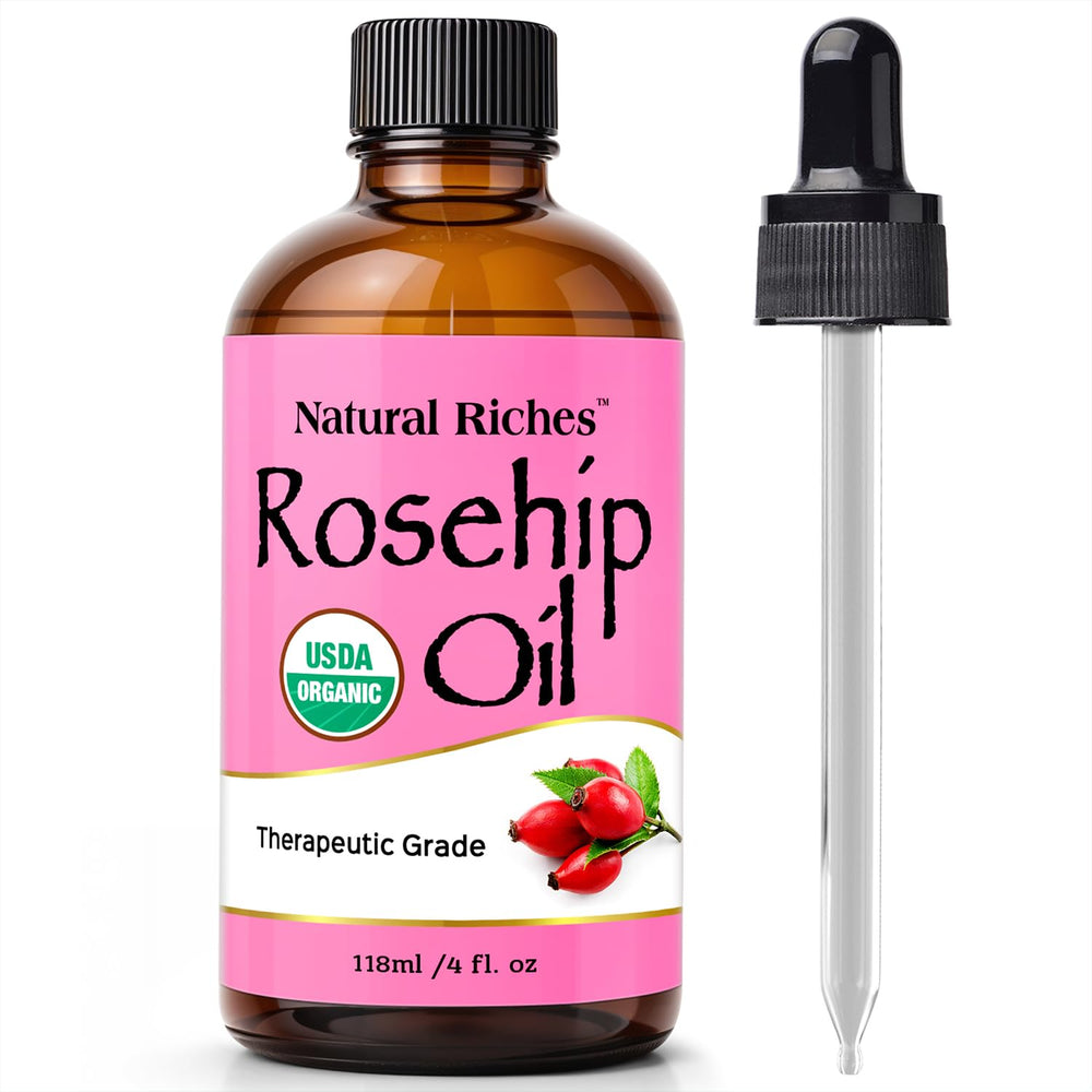 Natural Riches rosehip seed oil bottle 4oz for daily skin care.