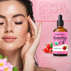 Natural Riches rosehip seed oil supporting hair and nails care and shine.