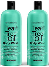Natural Riches Tea Tree Oil Body Wash bottle close up for refreshing, hydrating skin
