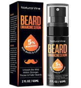 Natural Vine beard growth serum bottle shows 5 percent Minoxidil for fuller facial hair.