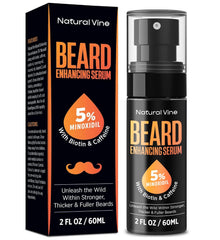Natural Vine beard growth serum bottle shows 5 percent Minoxidil for fuller facial hair.