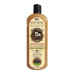 Natural Wunderz mens wash bottle highlights hydrating sandalwood and argan oil formula.
