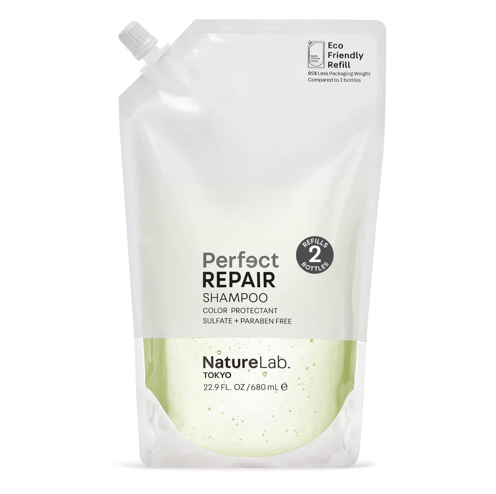 NatureLab.TOKYO Perfect Repair Shampoo bottle shows label for color-treated hair shine