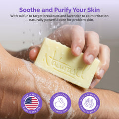 Naturasil sulfur soap lavender bar packaging shows cruelty-free, paraben-free formula