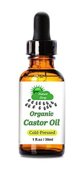 Nature Drop Organic Castor Oil bottle with dropper supports hair growth and skin hydration.