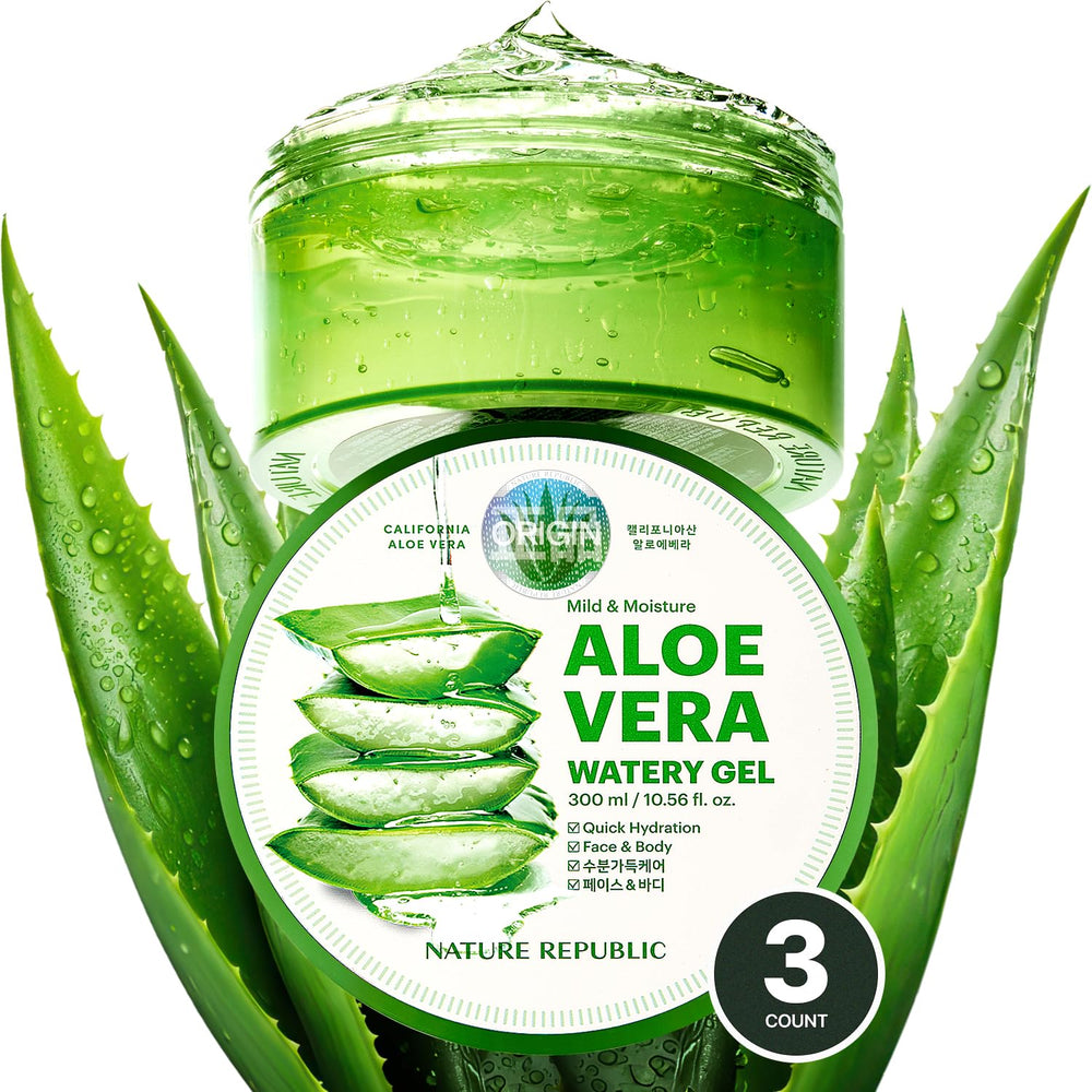 Nature Republic Aloe Vera Watery Gel bottle pour delivers quick hydration without stickiness.