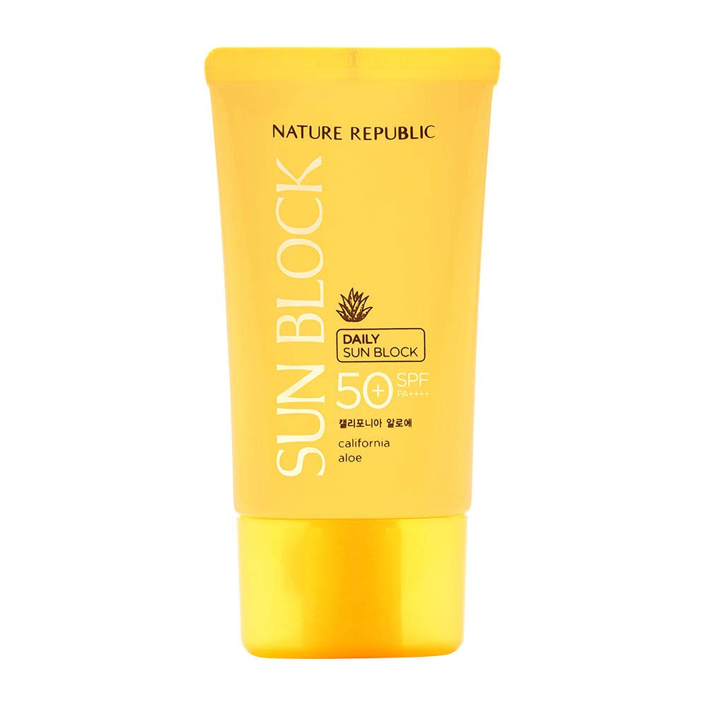 Nature Republic California Aloe Sun Block bottle front, SPF50+ PA++++ daily protection for glowing skin.
