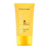 Nature Republic California Aloe Sun Block bottle front, SPF50+ PA++++ daily protection for glowing skin.