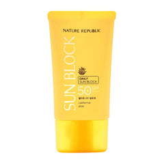 Nature Republic California Aloe Sun Block bottle front, SPF50+ PA++++ daily protection for glowing skin.