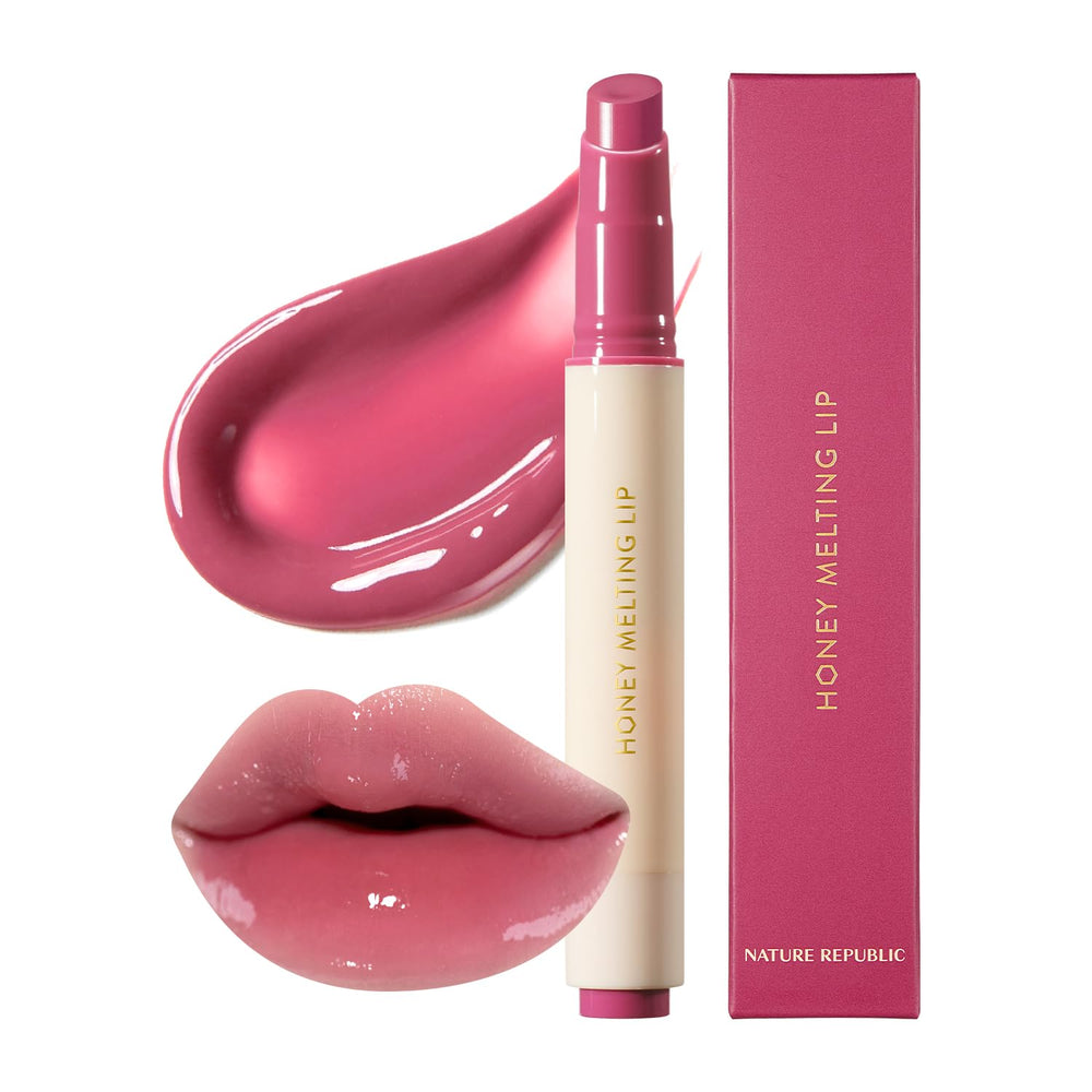Nature Republic Honey Melting Lip 08 Dark Cherry Choux on lips with glassy shine