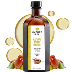 Nature Spell Jojoba Oil bottle close-up showing rich oil for scalp moisture and shine.