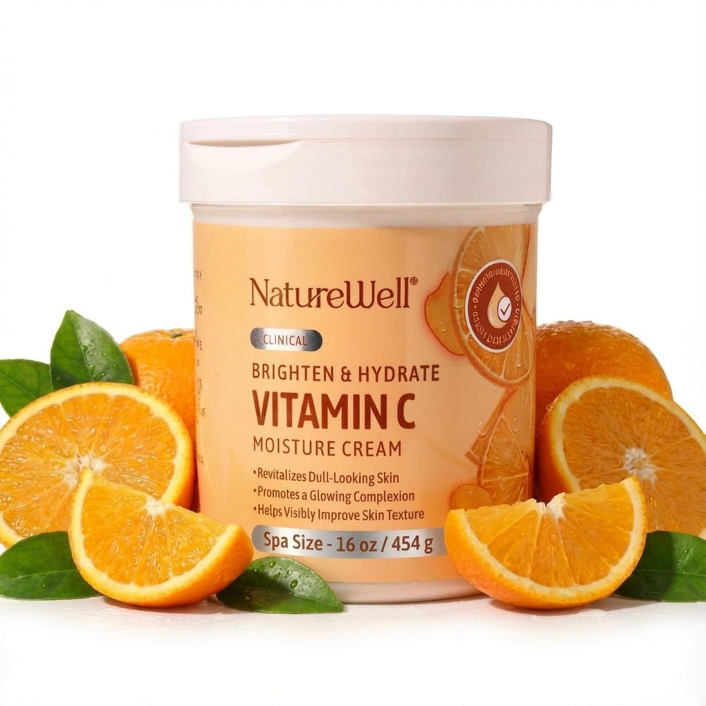 Nature Well Clinical Brighten & Hydrate bottle shows vitamin C formula for radiant skin.