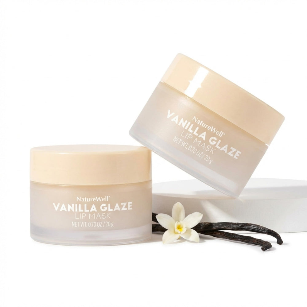 NATURE WELL Vanilla Glaze Lip Mask pack shows two containers for daily hydration.