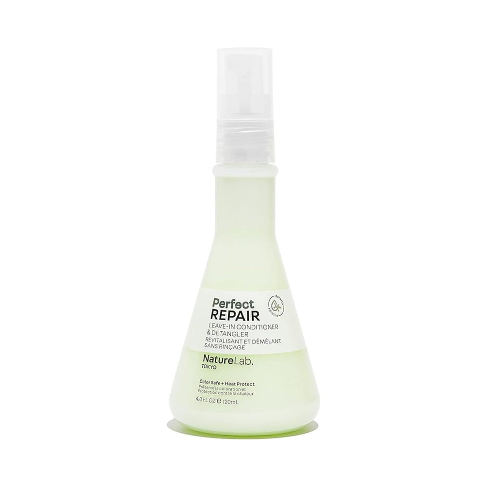 NatureLab.TOKYO Perfect Repair Leave-In bottle close-up showing detangling and moisture benefits.
