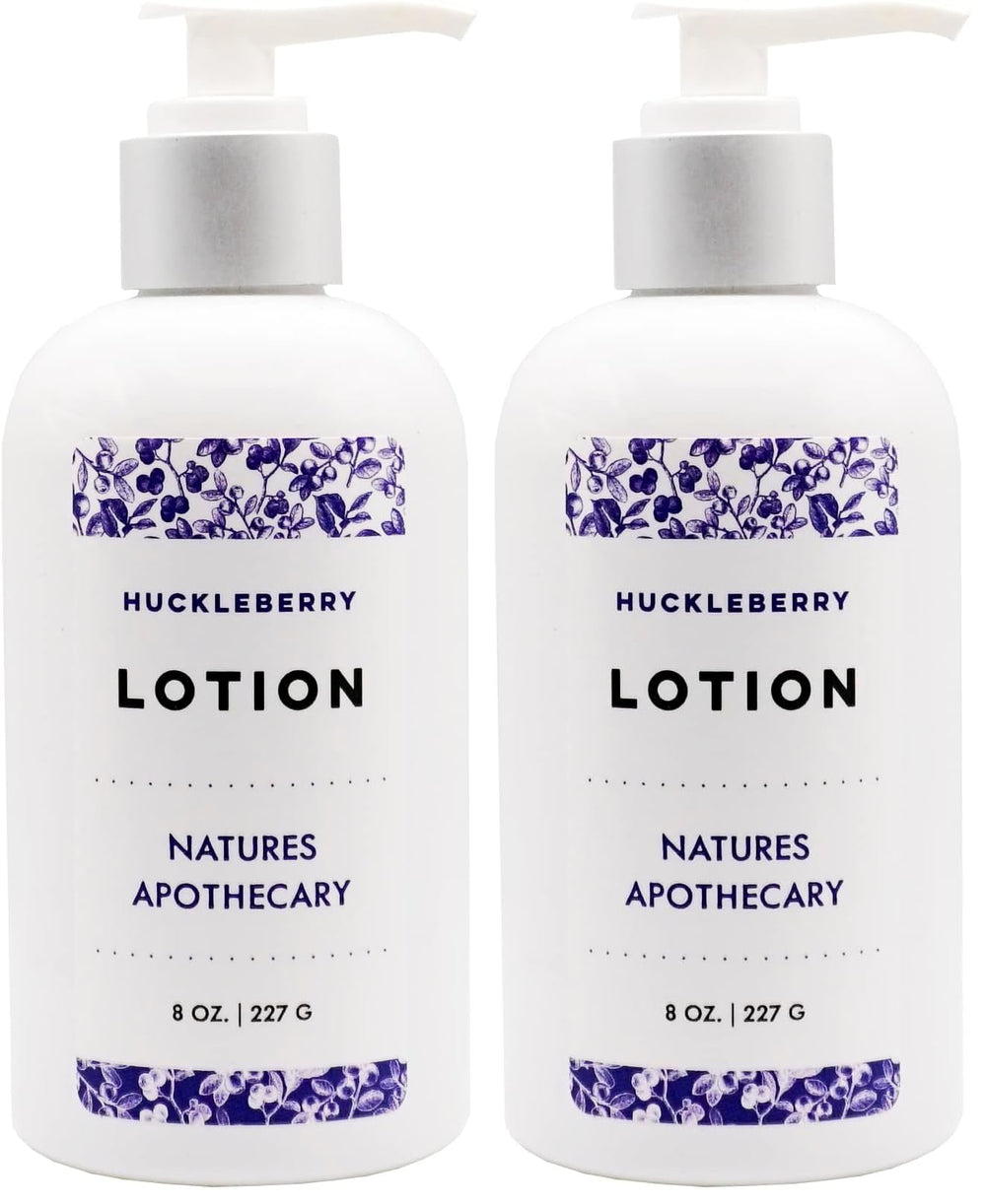 Nature's Apothecary Huckleberry Lotion bottle delivering silky hydration for dry skin