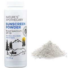 Nature's Apothecary zinc oxide sunscreen powder bottle for quick protection on the go