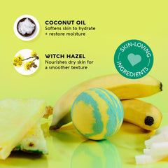 Nature's Beauty Tropical Escape bath bomb closeup reveals vibrant pigments that rinse away cleanly.