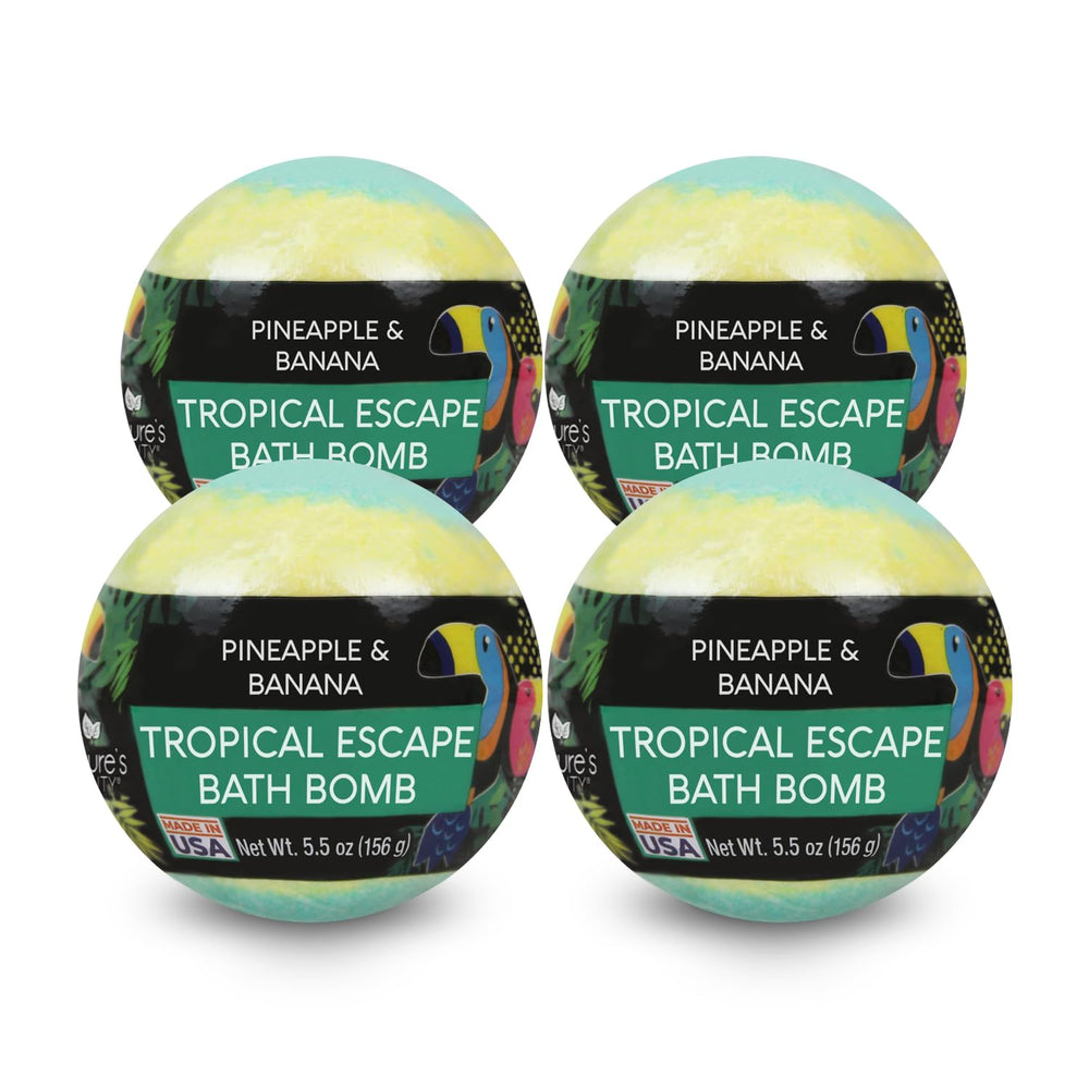 Nature's Beauty Tropical Escape packaging highlights premium bath bombs for at-home spa.