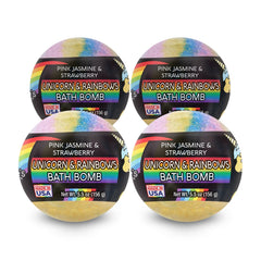 Nature's Beauty Unicorns Rainbows bath bombs in a pack creating vibrant tub color