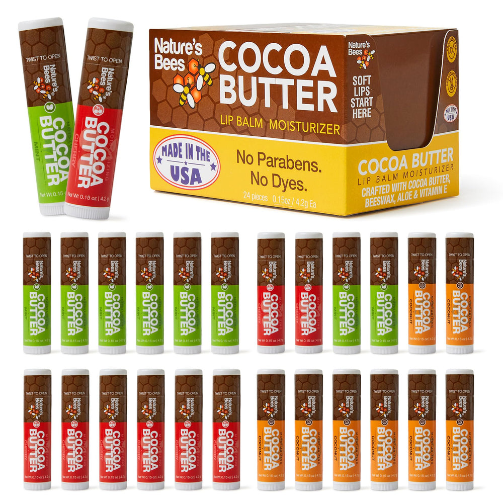 Nature's Bees Cocoa Butter Lip Balm 24-pack front view for convenient lip care.