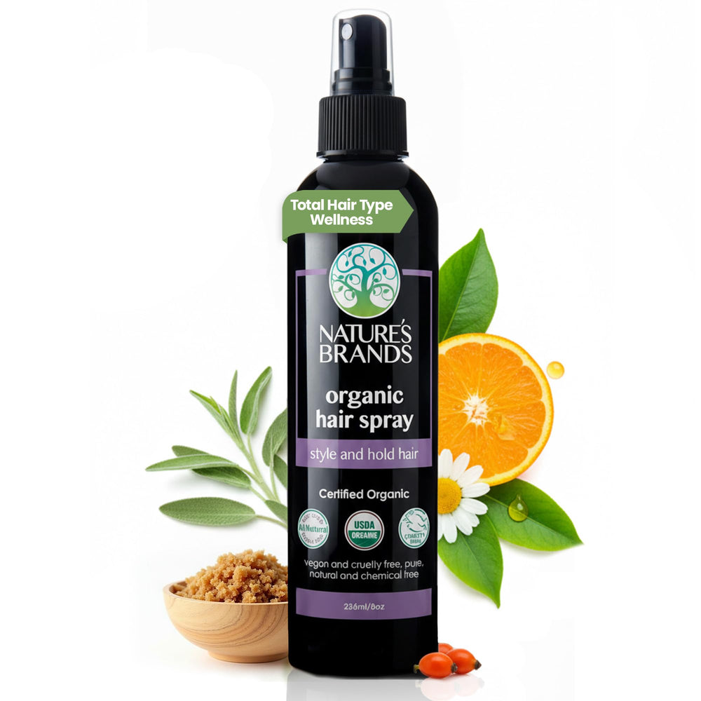Nature's Brands Organic Hair Spray bottle shows a clean, eco-friendly hold for all-day style.