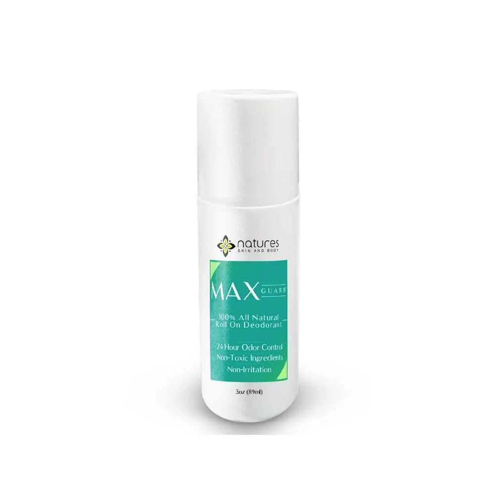 Nature's Skin And Body Food MaxGuard roll-on bottle for easy, mess-free daily freshness.