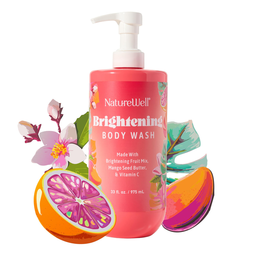 Nature Well Brightening Body Wash bottle showcases radiant skin benefits.