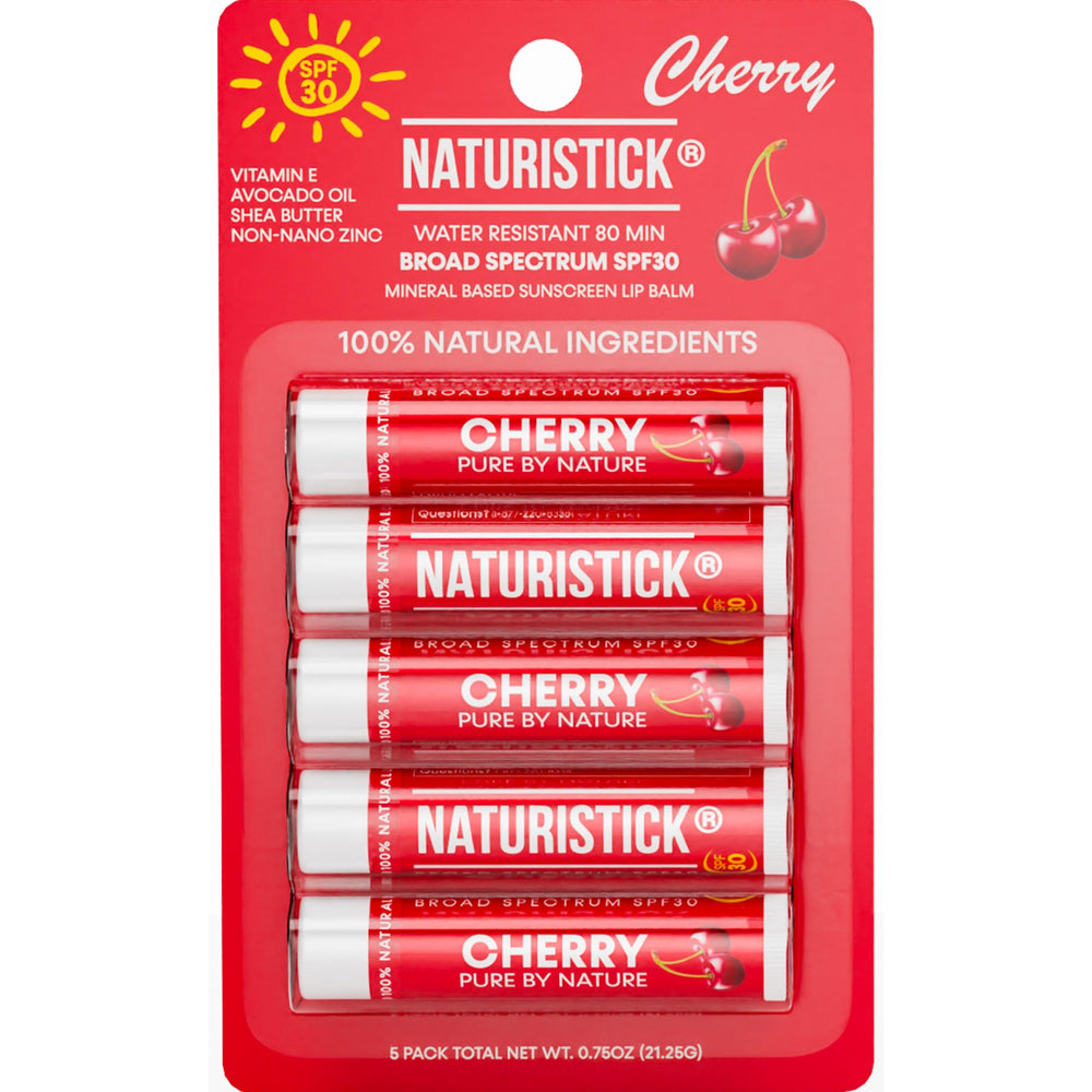 Naturistick SPF 30 lip balm cherry 5-pack on display, clean sun protection.