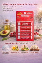 Naturistick cherry lip balm packaging shown, reef-safe, vegan lip care.