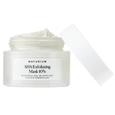 Naturium AHA Exfoliating Mask 10% jar closeup shows a smoothing and brightness potential