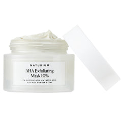 Naturium AHA Exfoliating Mask 10% jar closeup shows a smoothing and brightness potential