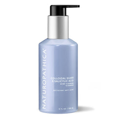 Naturopathica cleanser bottle pour demonstrates a powerful acne-clearing cleanse.