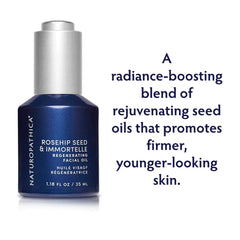 Naturopathica rosehip oil dispensing pump shows lightweight formula that hydrates.
