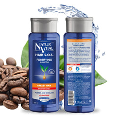NaturVital greasy shampoo bottle shows a plant-based formula for refreshed hair.
