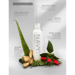 NAVY ingredients panel showing panthenol and rosemary for scalp nourishment.