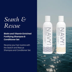 NAVY Hair Care Search and Rescue conditioner bottle—nourishing biotin blend for smoother curls.