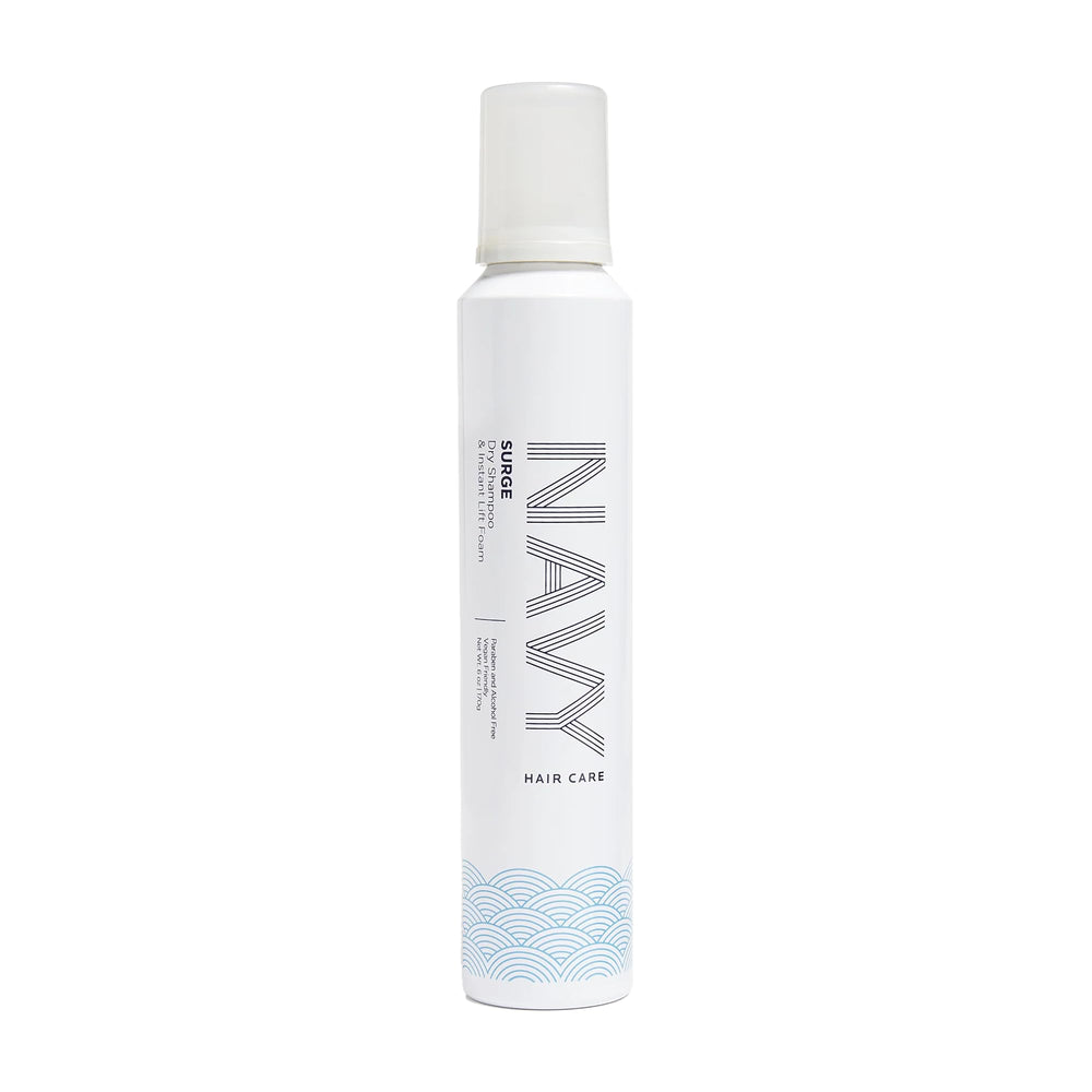 NAVY Surge dry shampoo bottle showing quick refresh for second-day hair