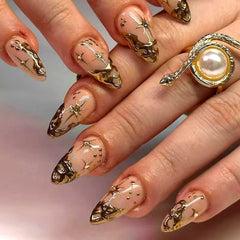 NBNTGH gold press-on nails in short almond shape with chic French tip for elegant events