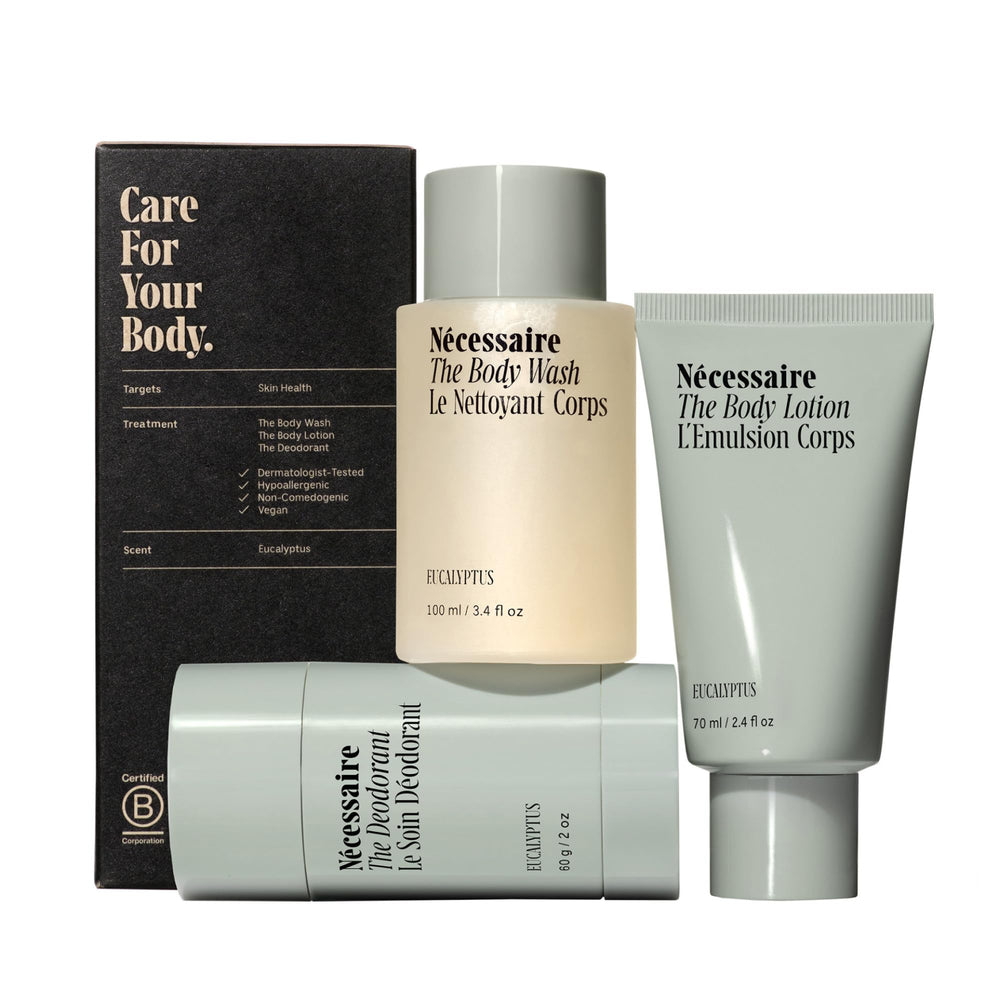 Nécessaire body wash bottle shows eucalyptus scent for daily cleansing.
