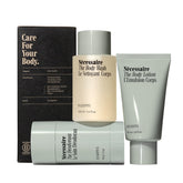 Nécessaire body wash bottle shows eucalyptus scent for daily cleansing.