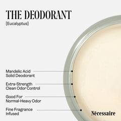 Nécessaire Eucalyptus deodorant mandelic acid ingredient label close-up.