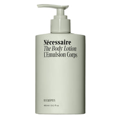 Nécessaire The Body Lotion Eucalyptus bottle close-up shows a moisturizing, non-greasy formula.