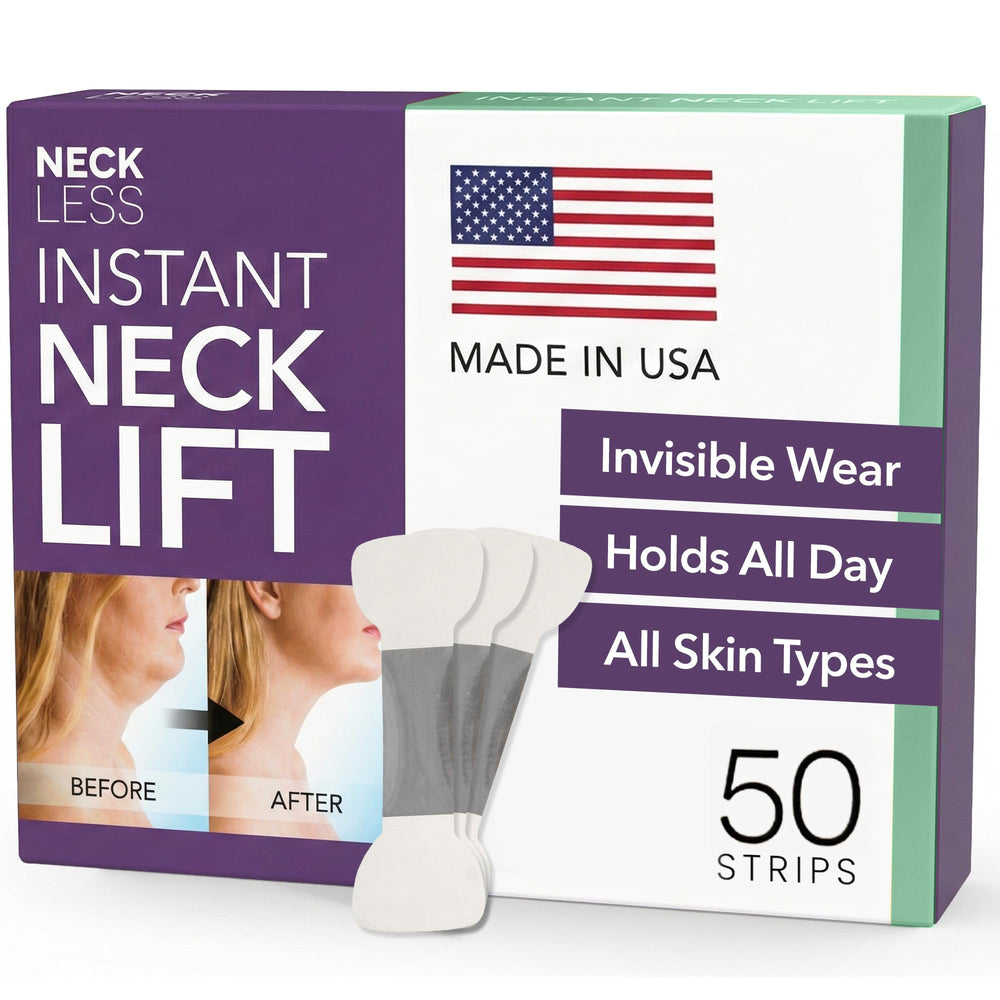 NECK LESS packaging view shows box contents for easy at-home beauty prep.