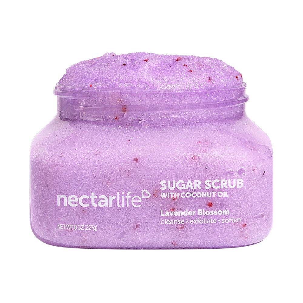 Nectar Bath Treats Lavender Sugar Body Scrub close-up highlighting soothing lavender texture and exfoliation.