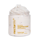 Nectar Life Whipped Soap Vanilla Sugar bottle pour highlights cleansing and spa-like feel.